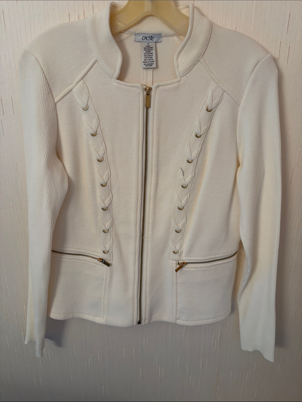 Cache Ivory Zip-Front Knit Blazer with Lattice Detail